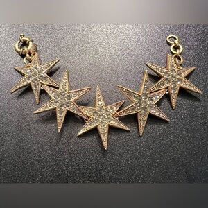 J CREW Grey Rhinestone Studded Star Antique Gold Tone Retired Bracelet EUC